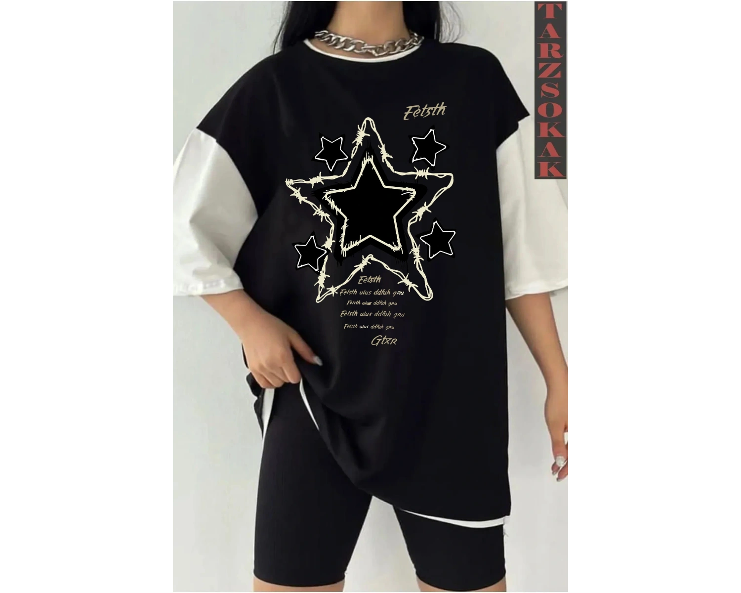 YILDIZ BASKILI Siyah Oversize Çift Renk