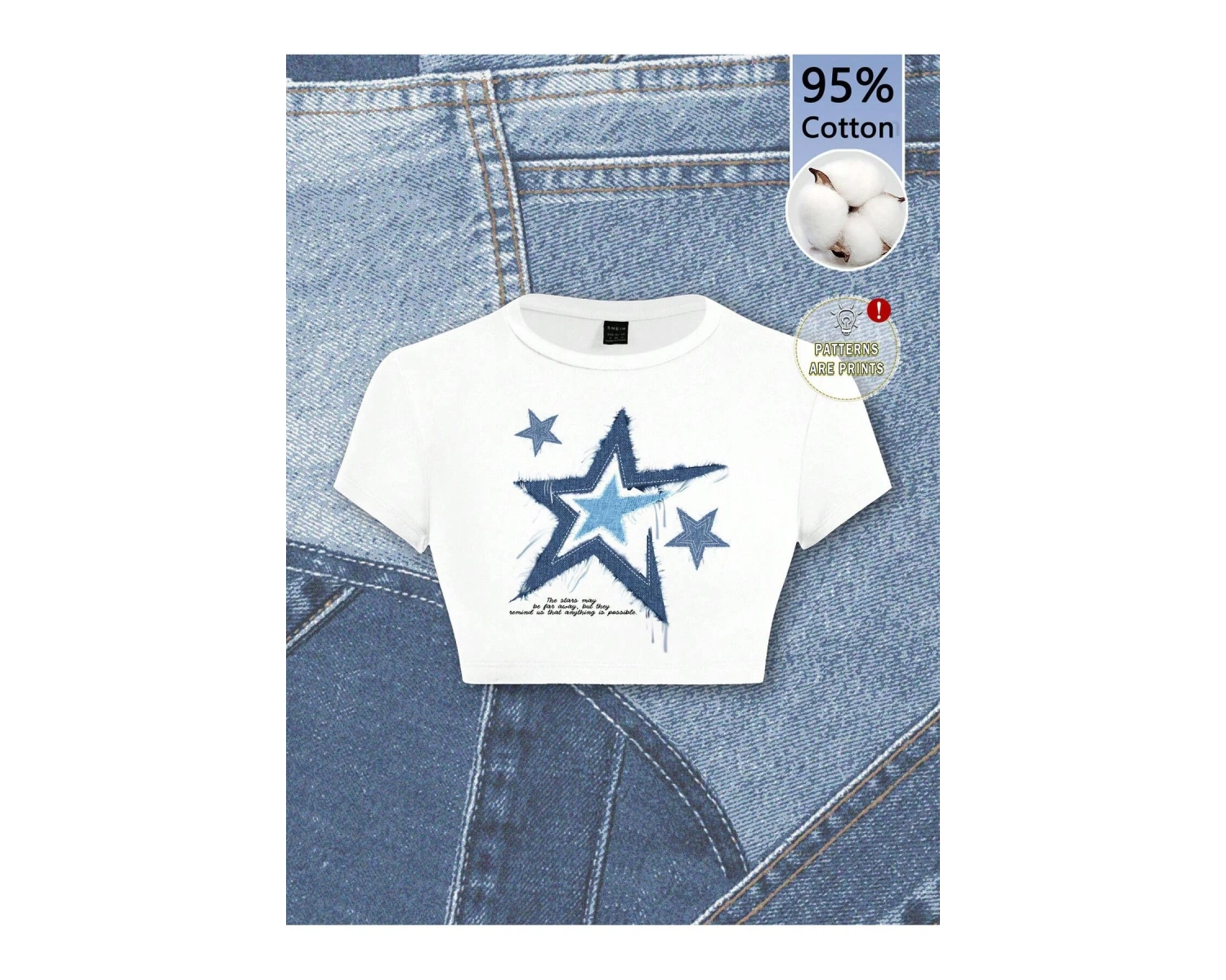 Yıldız Grafikli Yuvarlak Yaka Kısa Kollu Crop