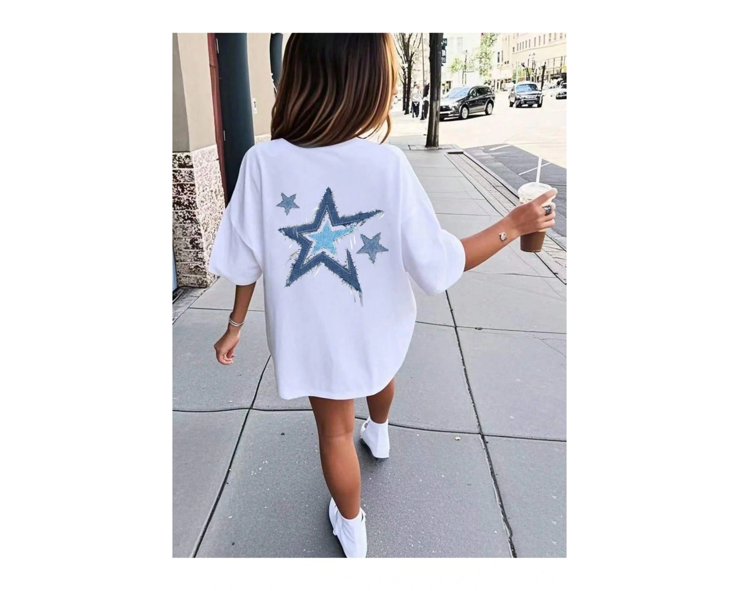 Yıldız Grafikli Yuvarlak Yaka Kısa Kollu Tişört