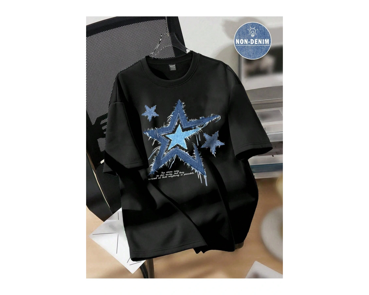 Yıldız Grafikli Yuvarlak Yaka Kısa Kollu Tişört