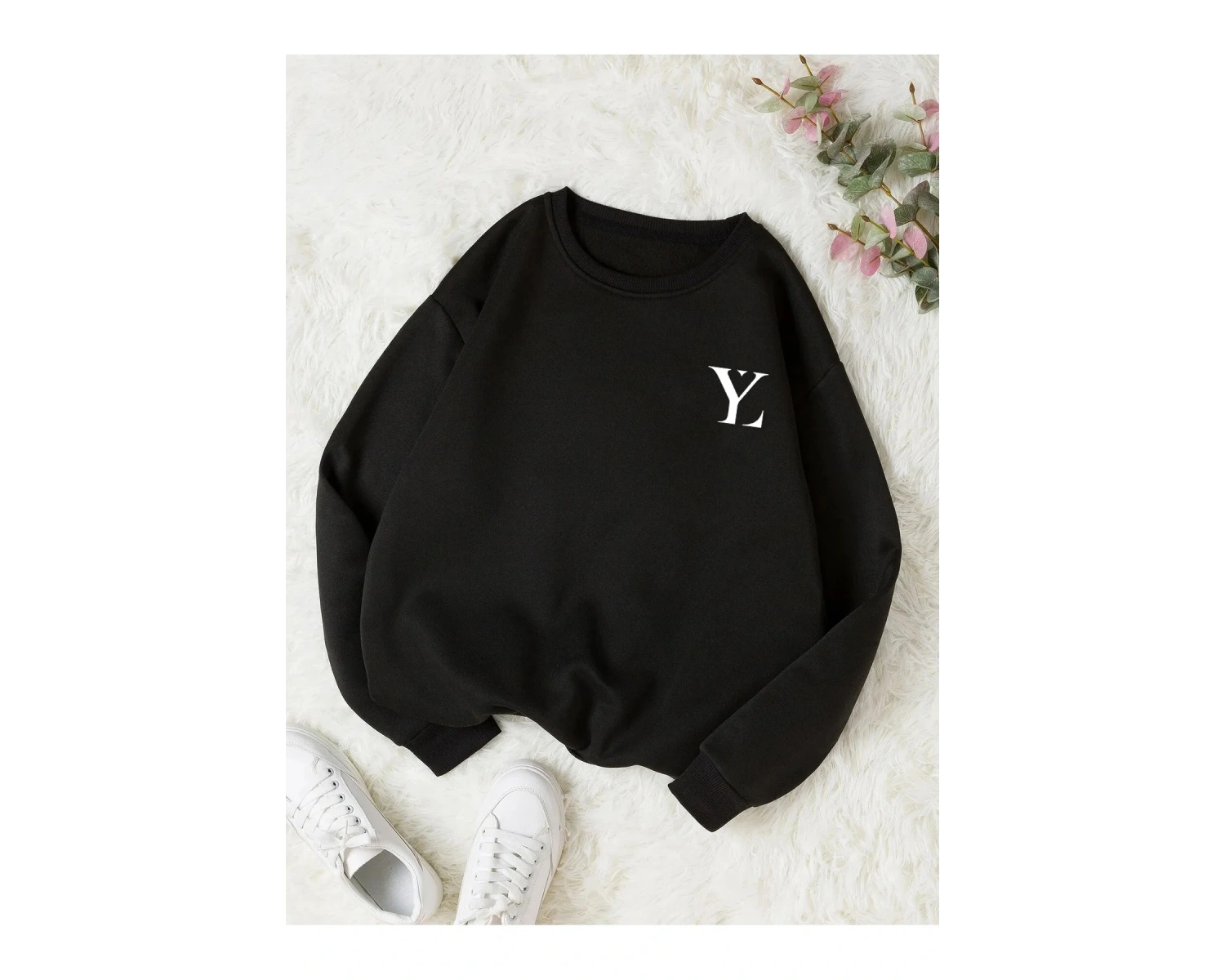YL Özel Baskılı Renkli Oversize Bisiklet Yaka Pamuklu Sweatshirt Siyah