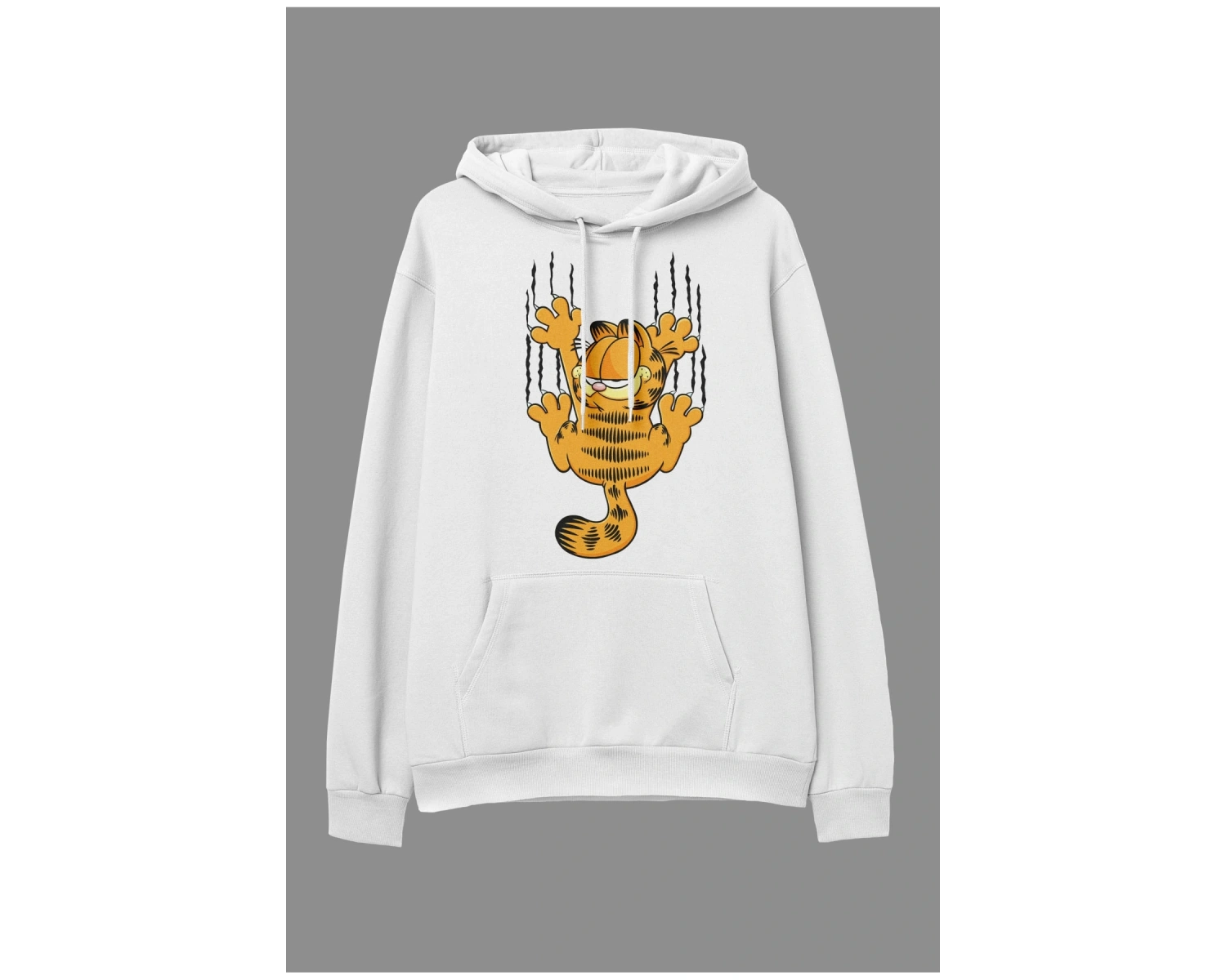 YQYQ----Oversize Garfield Tasarım Baskılı Kapüşonlu Sweatshirt Hoodie Beyaz