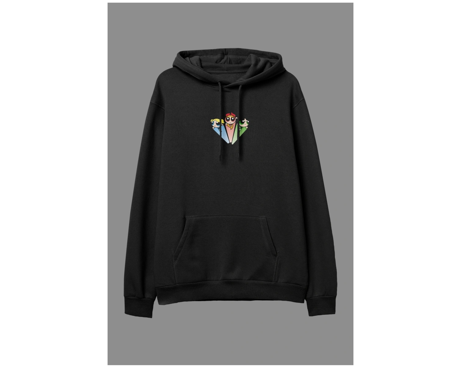 YQYQ----Oversize Powerpuff Girls Tasarım Baskılı Kapüşonlu Sweatshirt Hoodie Siyah