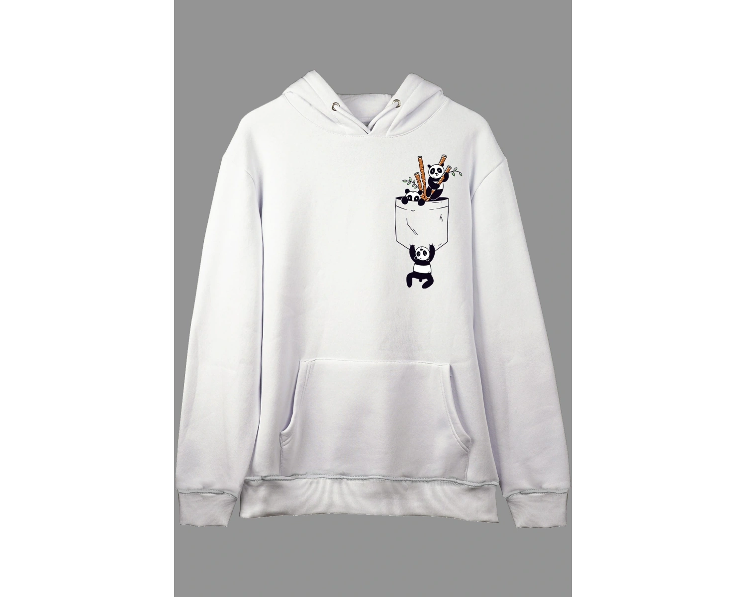 YQYQ----Oversize Sevimli Panda Cep Tasarımlı Baskılı Kapüşonlu Sweatshirt Hoodie Beyaz