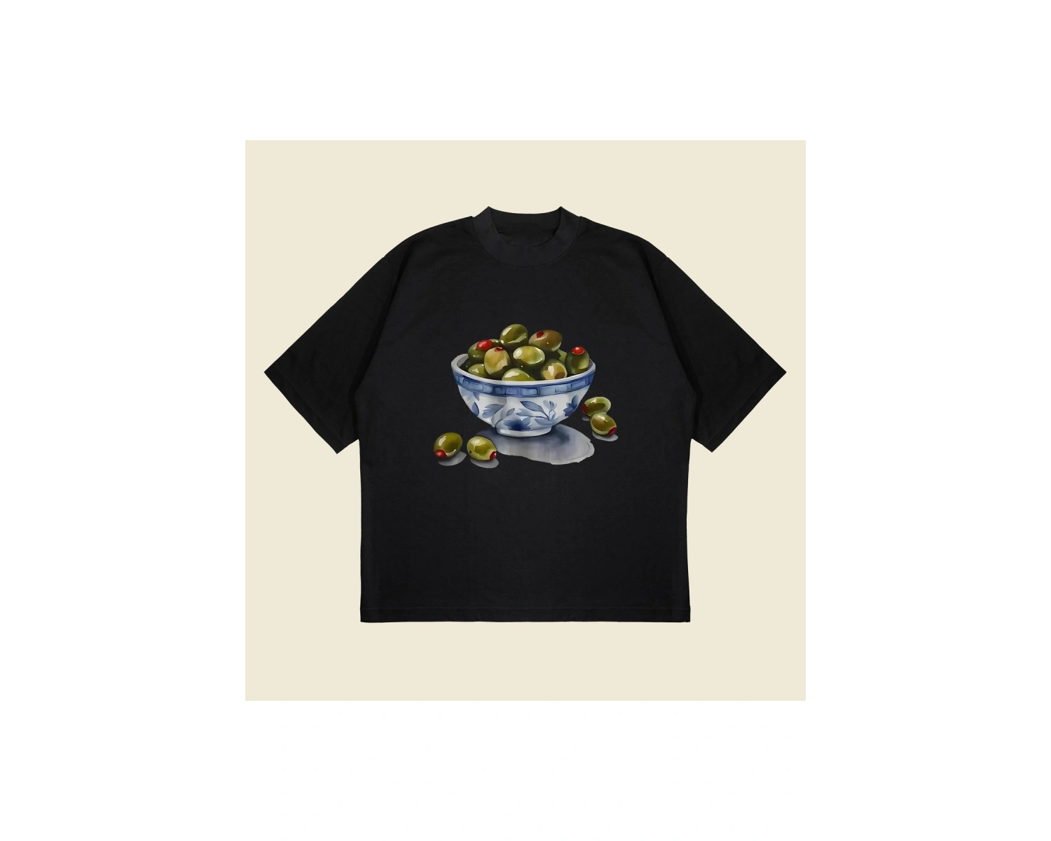 Zeytin Vintage Baskılı Oversize Unisex Pamuklu Nefes Alan Kalın Kumaşlı