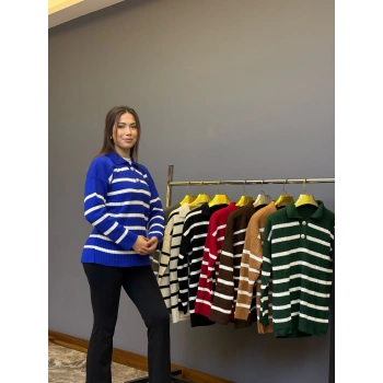 Çizgili Polo Yaka Triko Kazak