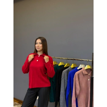 Polo Yaka Düğmeli Triko Kazak