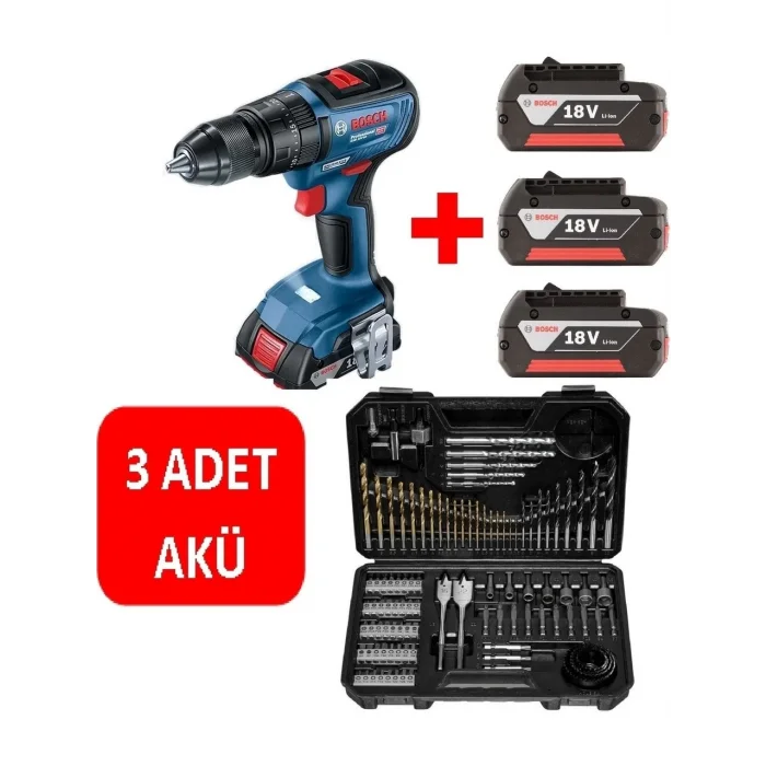 Bosch Darbeli Matkap Kömürsüz Şarjlı Matkap Akülü Vidalama (3 Adet 2 Ah Akü) + 103 Parça Aksesuar