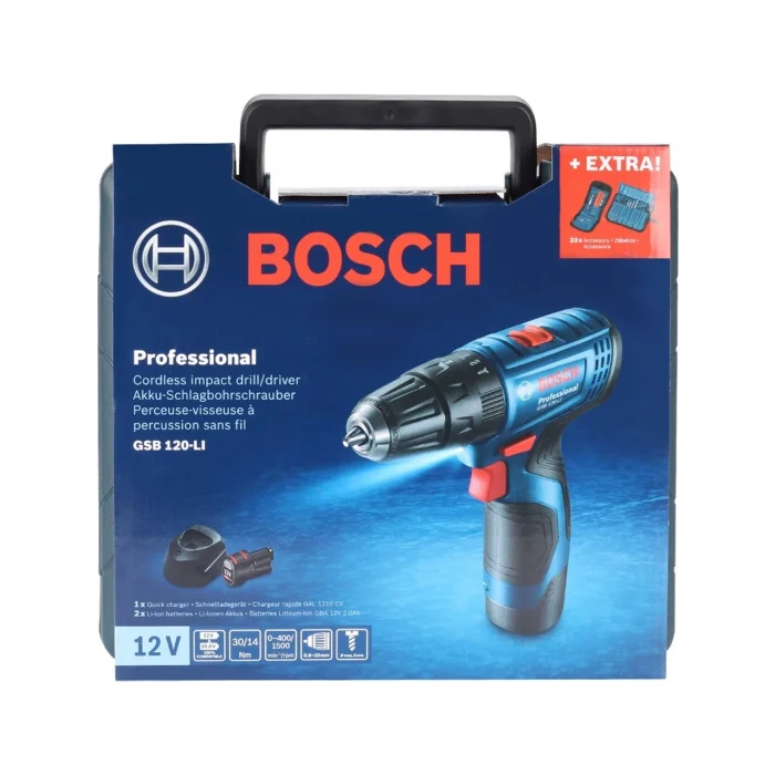 Bosch GSB 120-Li 12 V Çift Akülü Darbeli Vidalama Makinesi + 23 Parça Vidama Ucu