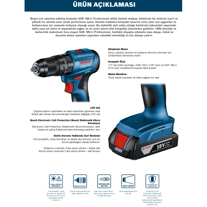 Bosch Gsb 185-LI Çift Akülü Kömürsüz Darbeli Matkap Ve 103 Parça Matkap Ucu