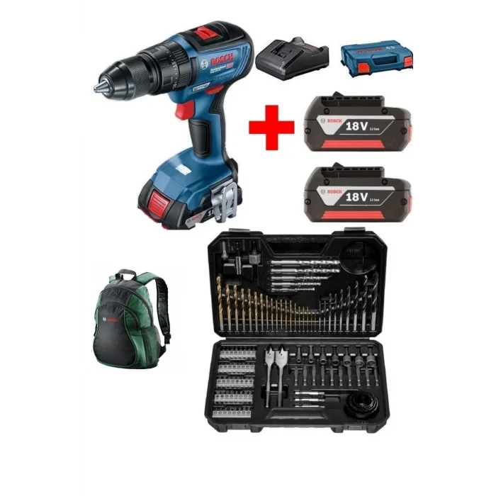 Bosch GSB 18V-50 Çift Akülü 2 Ah + 103 Parça Aksesuar Seti