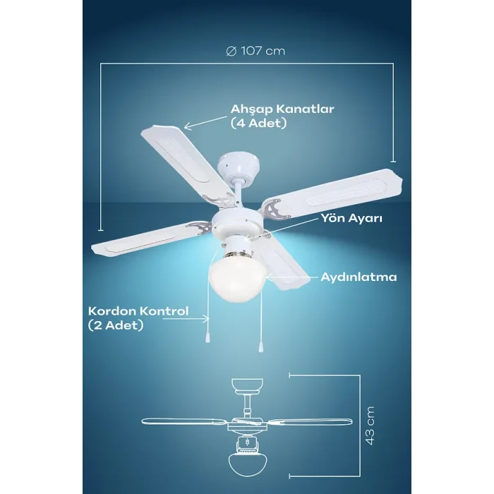 Colours Lari 4 Kanatlı Aydınlatmalı Tavan Vantilatörü Beyaz