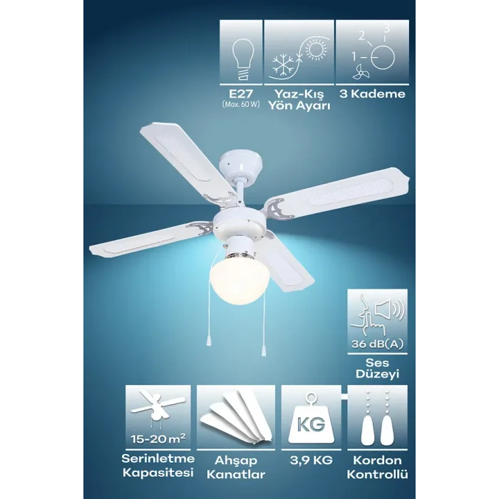 Colours Lari 4 Kanatlı Aydınlatmalı Tavan Vantilatörü Beyaz