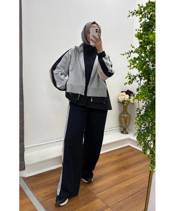 Kapüşonlu Şerit Detaylı Spor Takım Gri