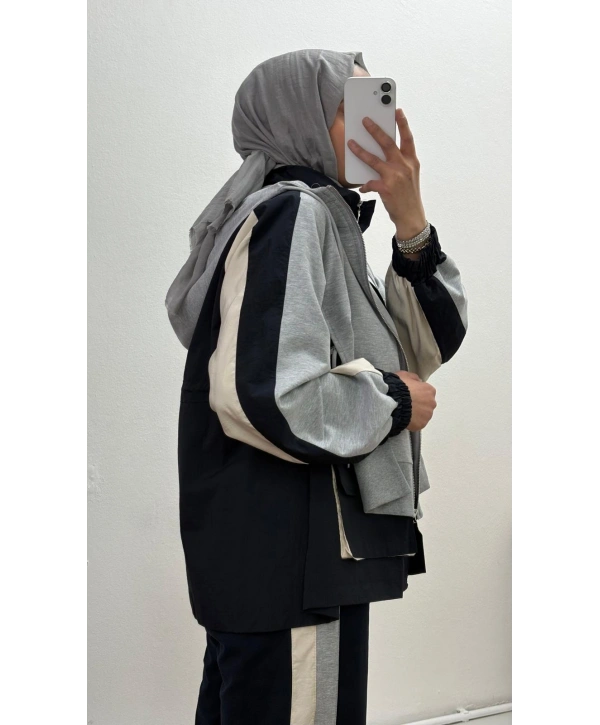 Kapüşonlu Şerit Detaylı Spor Takım Gri