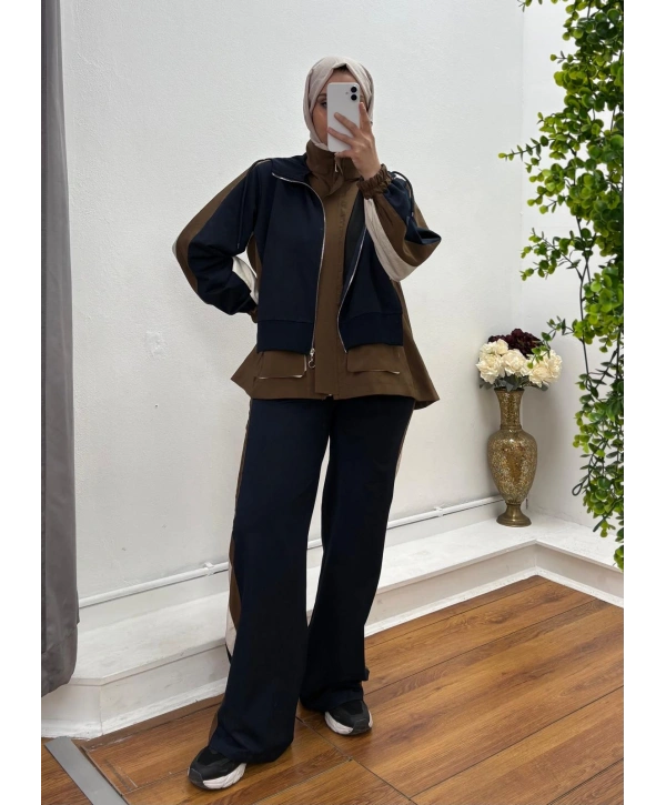 Kapüşonlu Şerit Detaylı Spor Takım Kahve