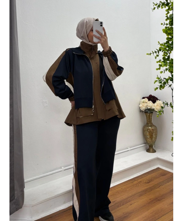 Kapüşonlu Şerit Detaylı Spor Takım Kahve