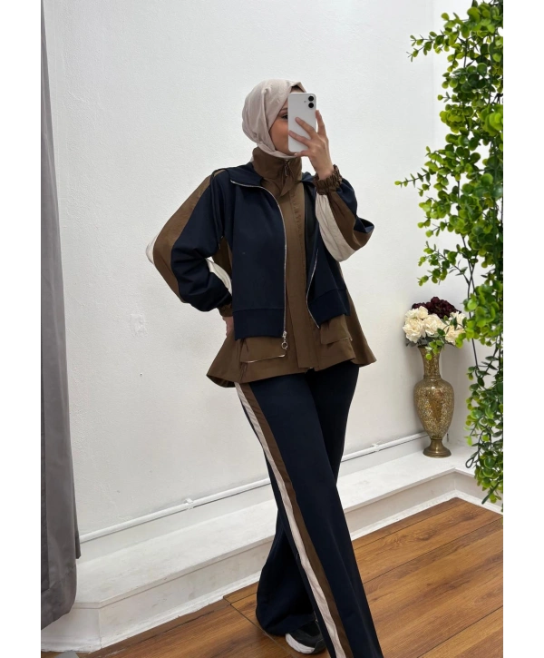 Kapüşonlu Şerit Detaylı Spor Takım Kahve