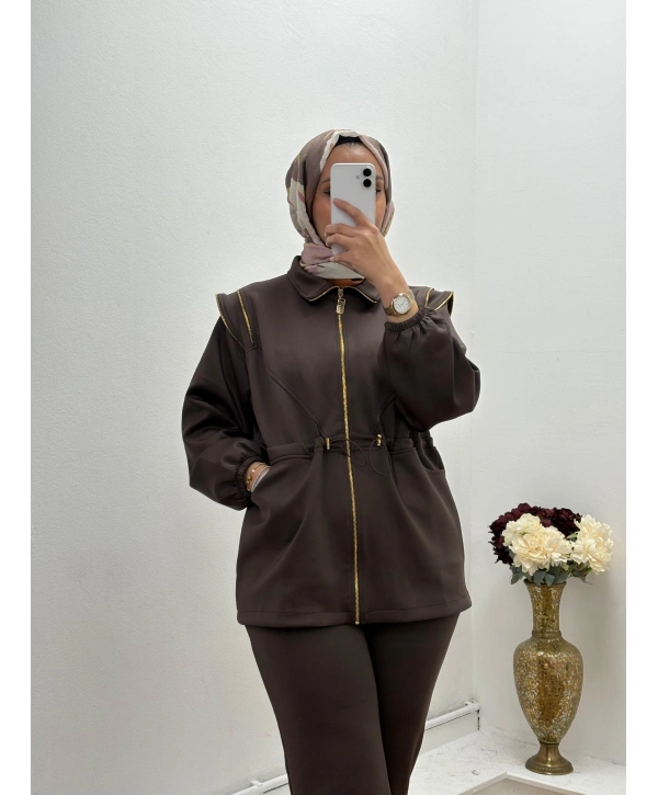 FERMUAR DETAYLI OYSHO PANTOLONLU TAKIM - KAHVERENGİ