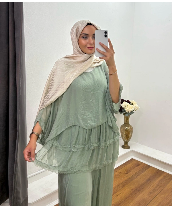 İTHAL DALGALI PANTOLONLU TAKIM SU YEŞİLİ