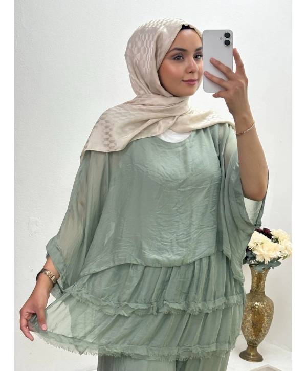 İTHAL DALGALI PANTOLONLU TAKIM SU YEŞİLİ