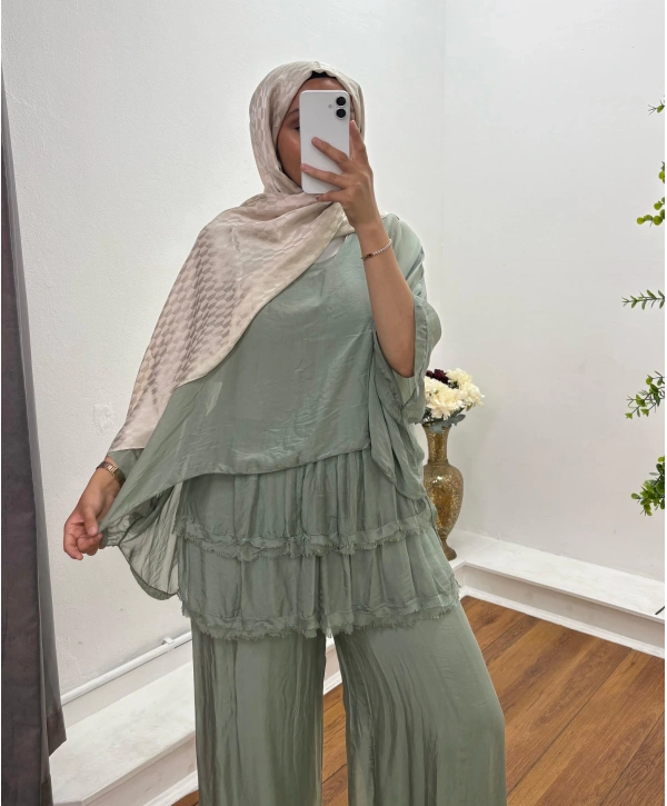 İTHAL DALGALI PANTOLONLU TAKIM SU YEŞİLİ