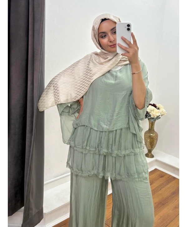 İTHAL DALGALI PANTOLONLU TAKIM SU YEŞİLİ