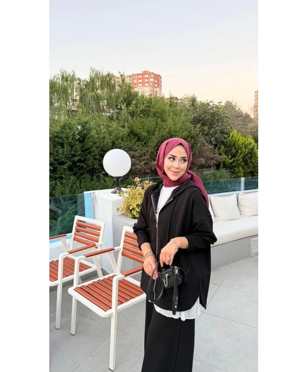 KAPÜŞONLU EŞOFMAN TAKIMI - SİYAH