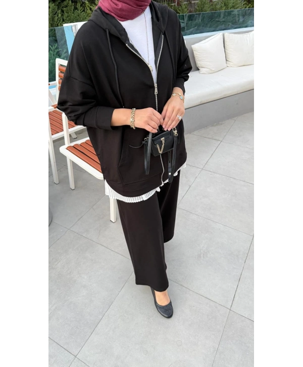 KAPÜŞONLU EŞOFMAN TAKIMI - SİYAH