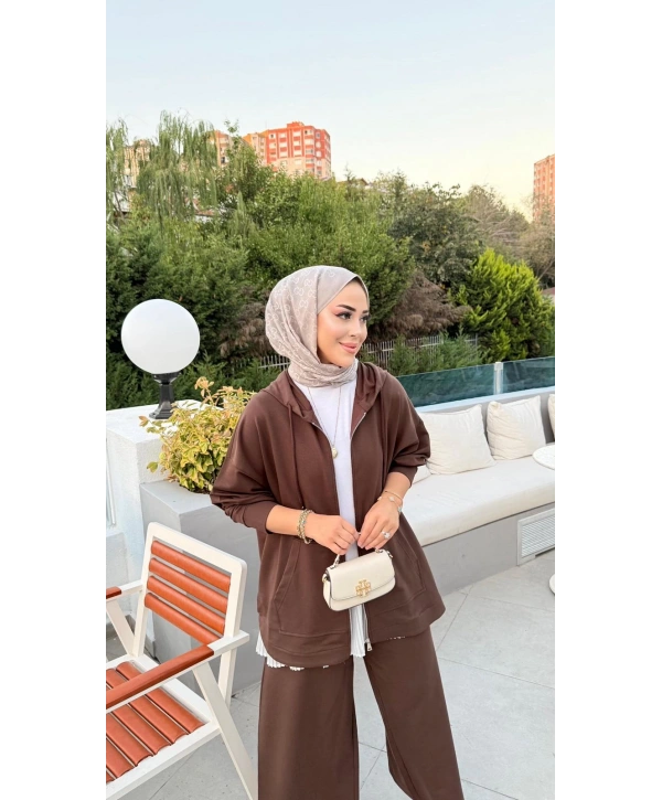 KAPÜŞONLU EŞOFMAN TAKIMI - KAHVERENGİ