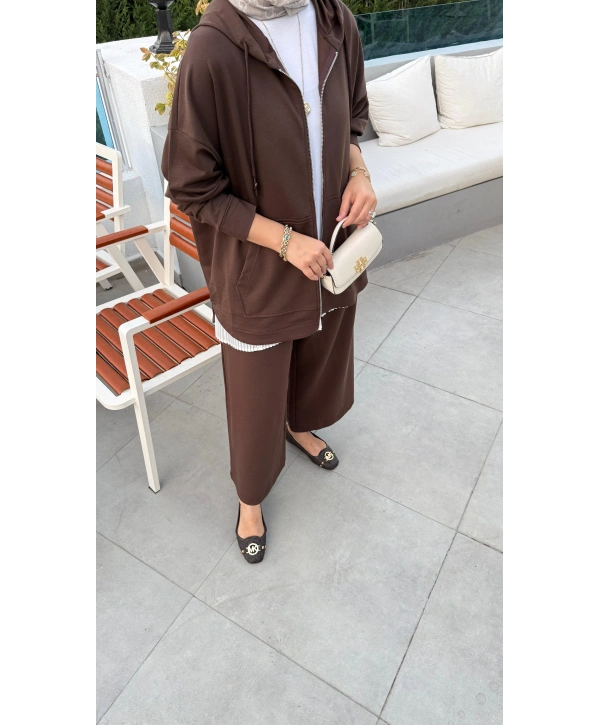 KAPÜŞONLU EŞOFMAN TAKIMI - KAHVERENGİ