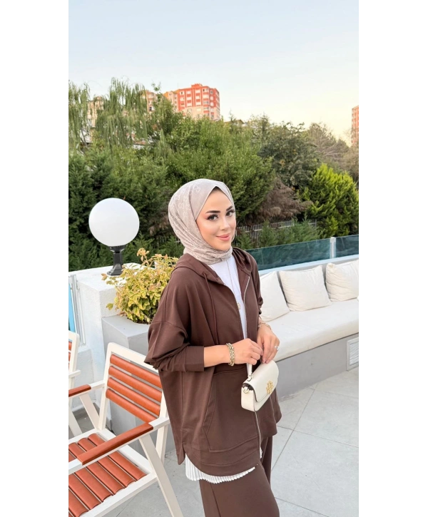 KAPÜŞONLU EŞOFMAN TAKIMI - KAHVERENGİ