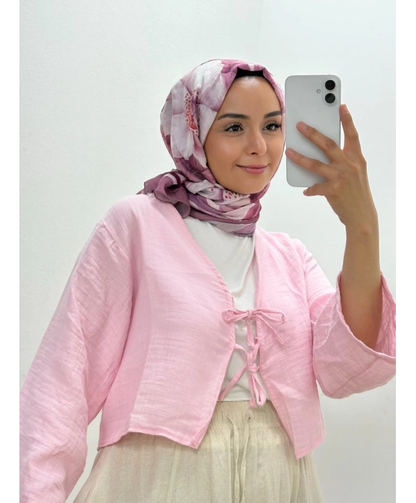 PEMBE BAĞLAMALI PAMUKLU BOLERO
