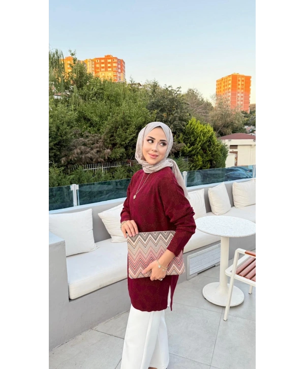 SİMLİ OVERSIZE TRİKO KAZAK - BORDO