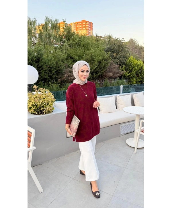 SİMLİ OVERSIZE TRİKO KAZAK - BORDO