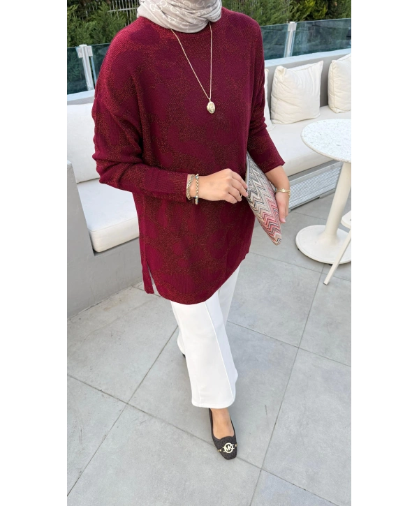 SİMLİ OVERSIZE TRİKO KAZAK - BORDO