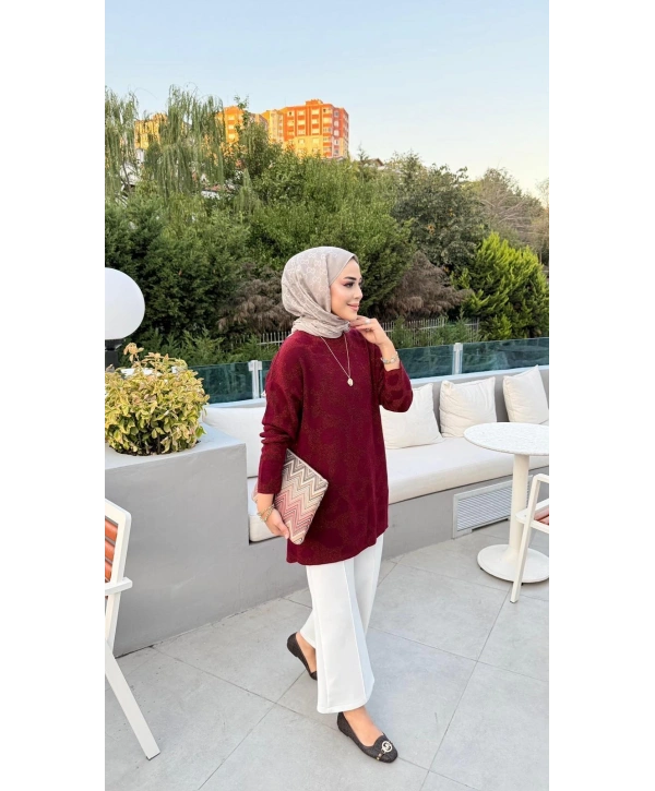 SİMLİ OVERSIZE TRİKO KAZAK - BORDO