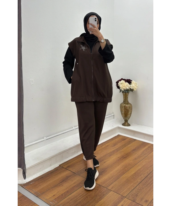 YELEK OYSHO PANTOLONLU TAKIM - KAHVERENGİ