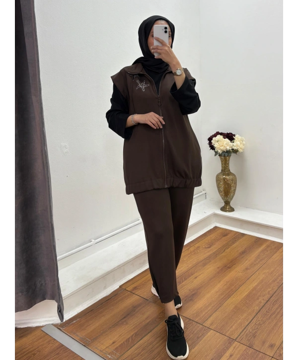 YELEK OYSHO PANTOLONLU TAKIM - KAHVERENGİ