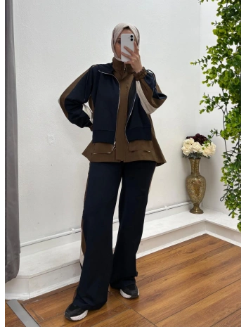 Kapüşonlu Şerit Detaylı Spor Takım Kahve