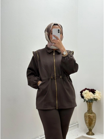 FERMUAR DETAYLI OYSHO PANTOLONLU TAKIM - KAHVERENGİ