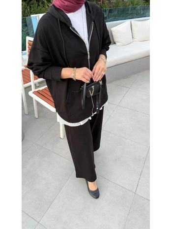 KAPÜŞONLU EŞOFMAN TAKIMI - SİYAH