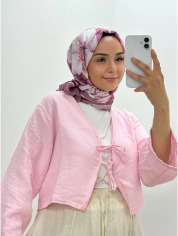 PEMBE BAĞLAMALI PAMUKLU BOLERO