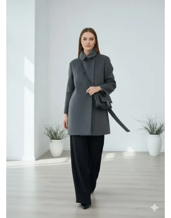 Antrasit Moskov Premium Kruvaze Yünlü Kaşe Kaban