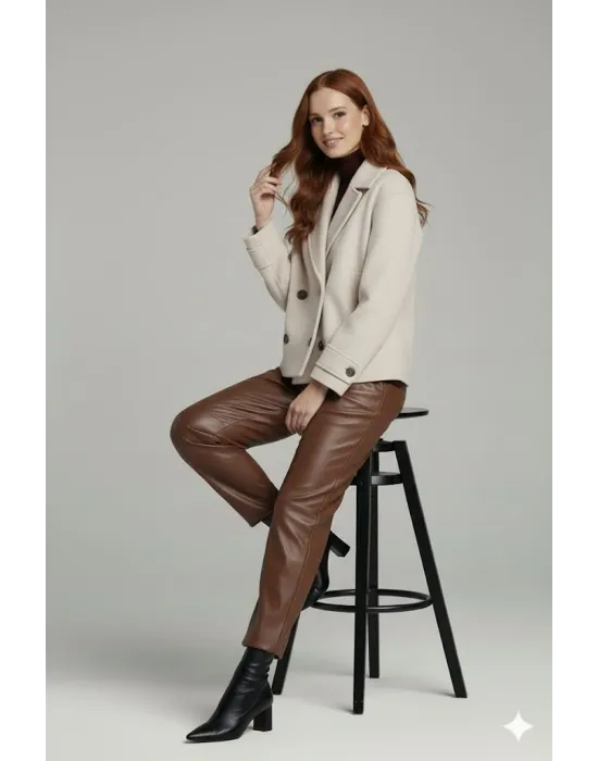 Bej Kadın Premium Kaşe Crop Ceket