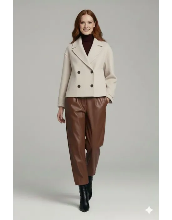 Bej Kadın Premium Kaşe Crop Ceket