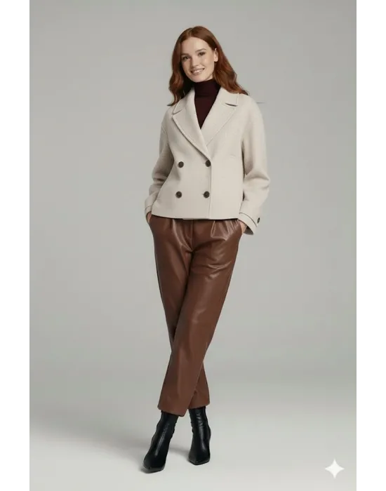 Bej Kadın Premium Kaşe Crop Ceket