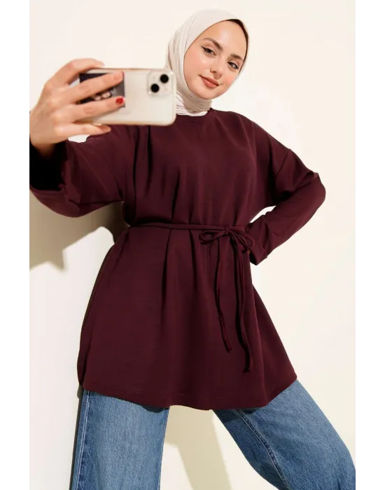 Bisiklet Yaka İp Kuşaklı Tunik Bordo