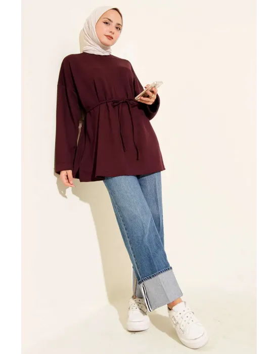Bisiklet Yaka İp Kuşaklı Tunik Bordo