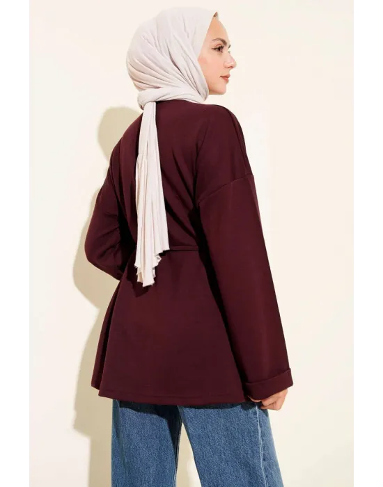 Bisiklet Yaka İp Kuşaklı Tunik Bordo
